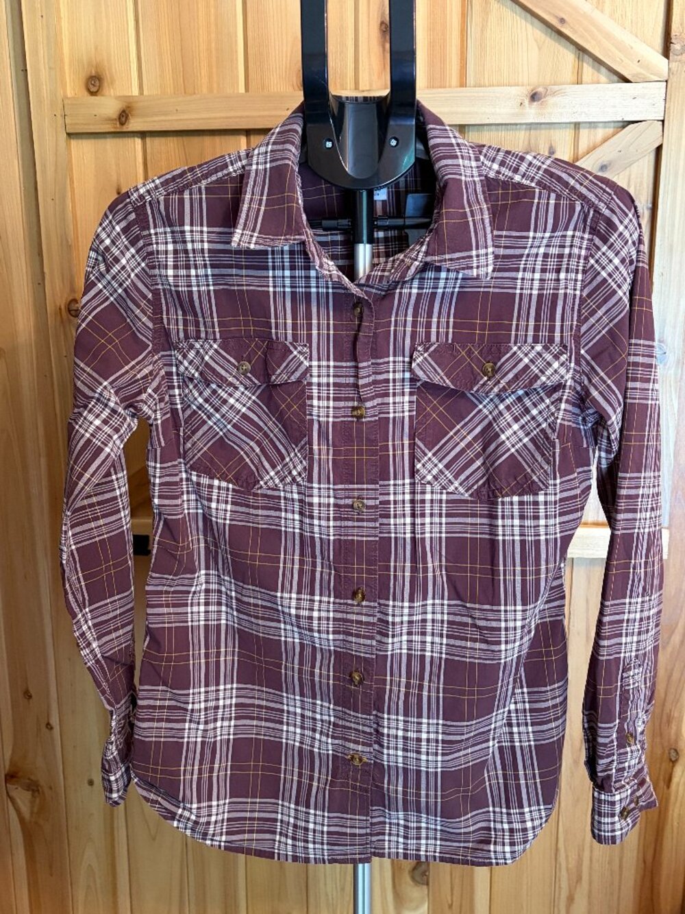 Carhartt Shirt Womens Sz M Burgundy Plaid Roll Tab Sleeve Cowgirl Rodeo Workwear